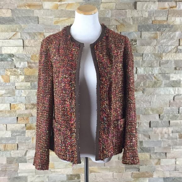 CHICO'S Tweed Brown Career Blazer Jacket 1 MEDIUM Classic Office Rainbow Knit - Picture 5 of 9